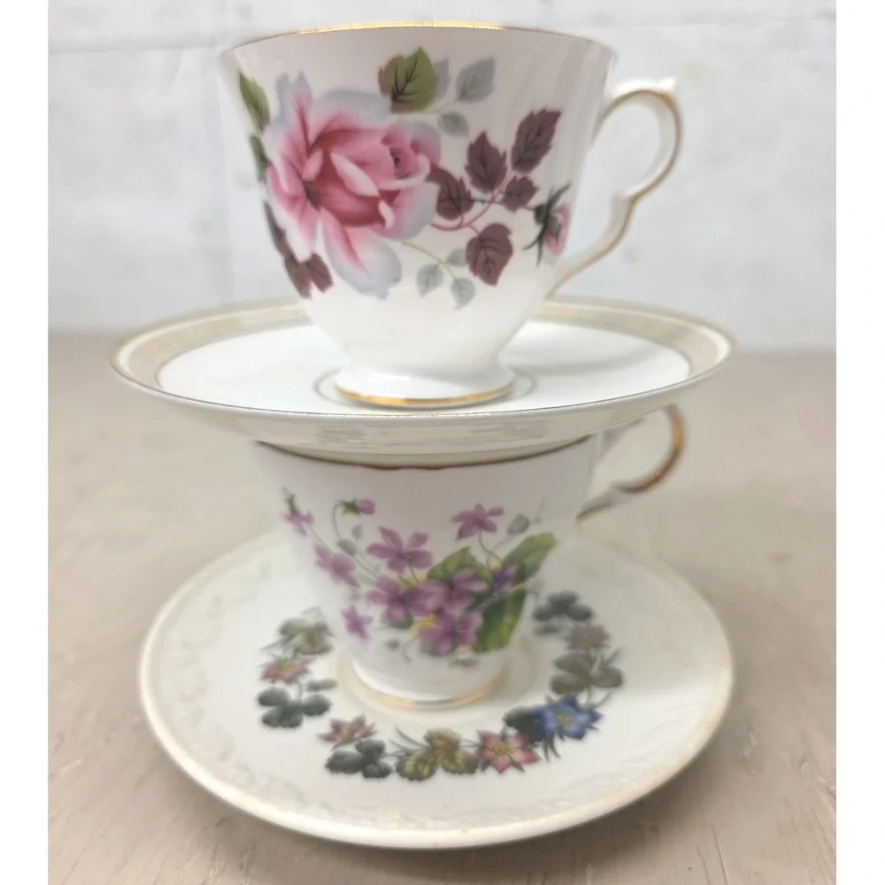 Mismatch Vtg Tea Set for 2 English Bone China Violets Roses Floral Cottagecore
